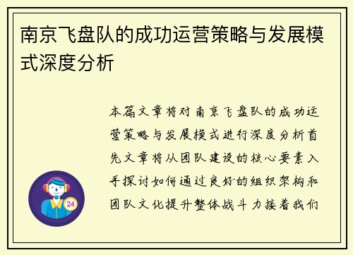 南京飞盘队的成功运营策略与发展模式深度分析